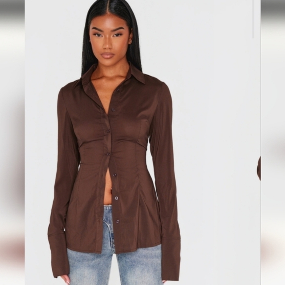 #118 NWT PrettyLittleThing Chiffon Fitted Brown Shirt, Size 4